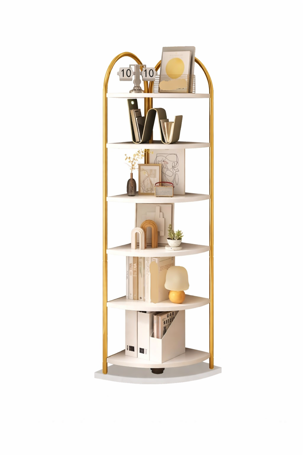 Bibliothèque élégante avec étagères blanches et or