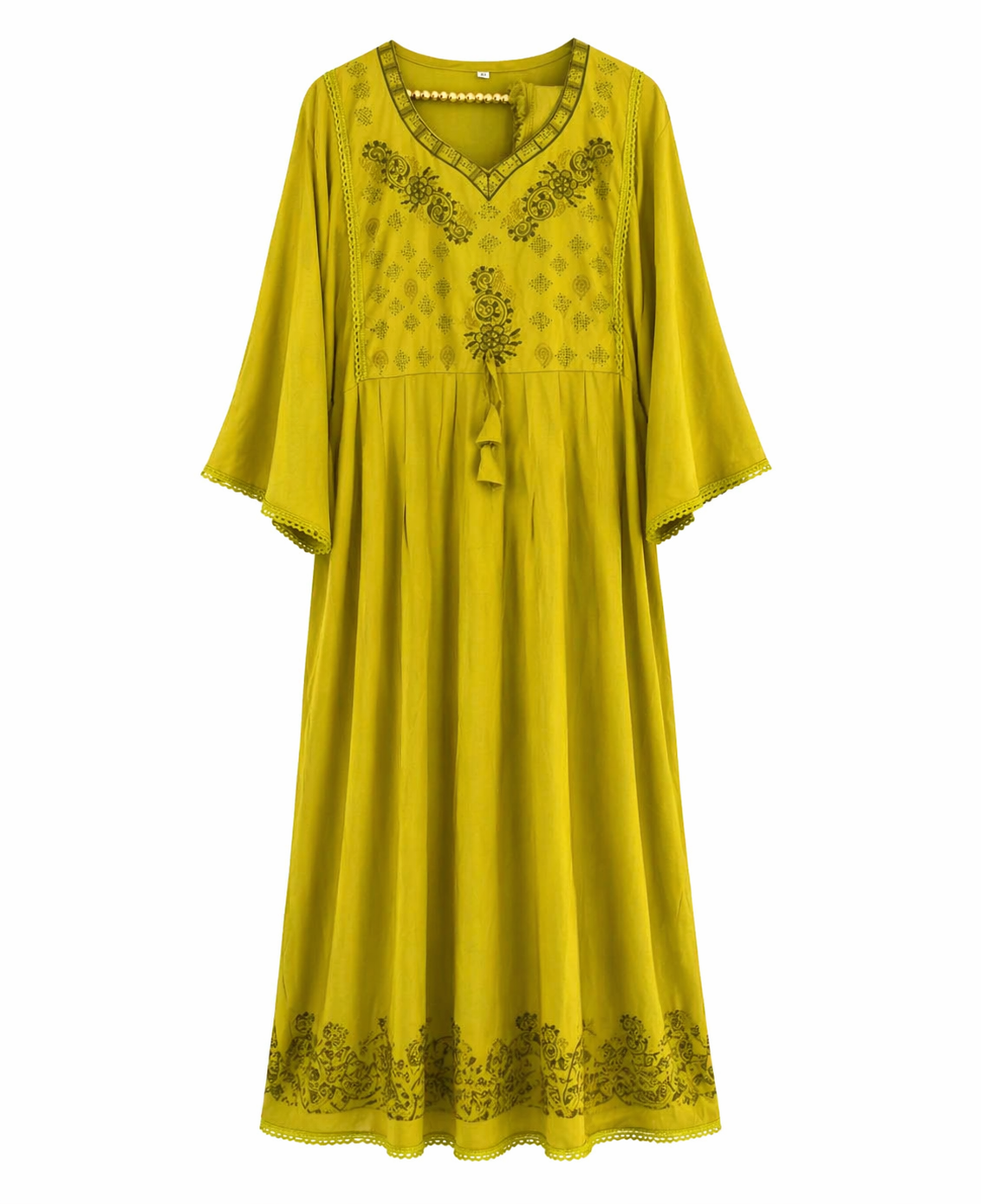 Robe kaftan brodée jaune olive