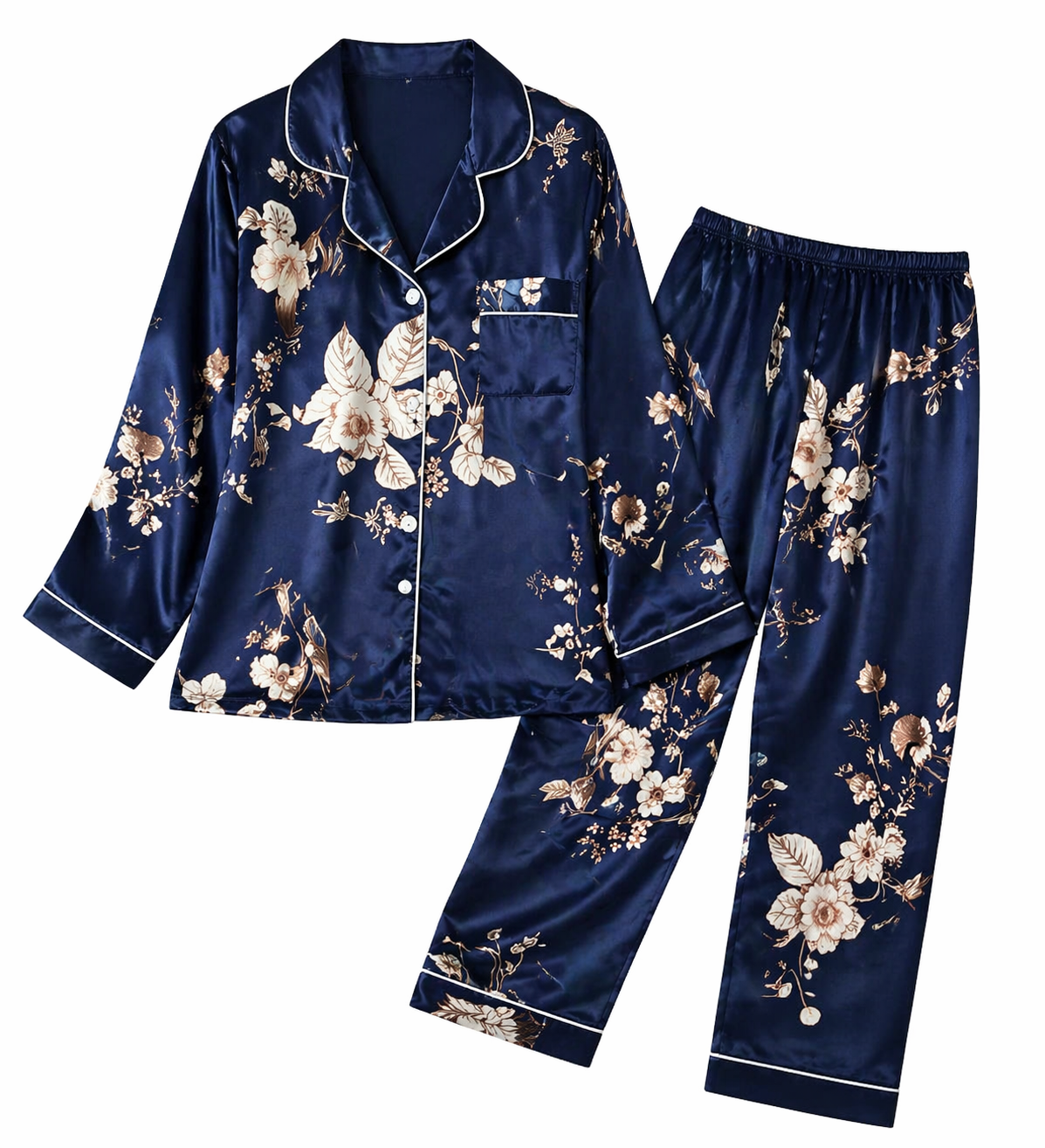 Pyjama en satin bleu floral