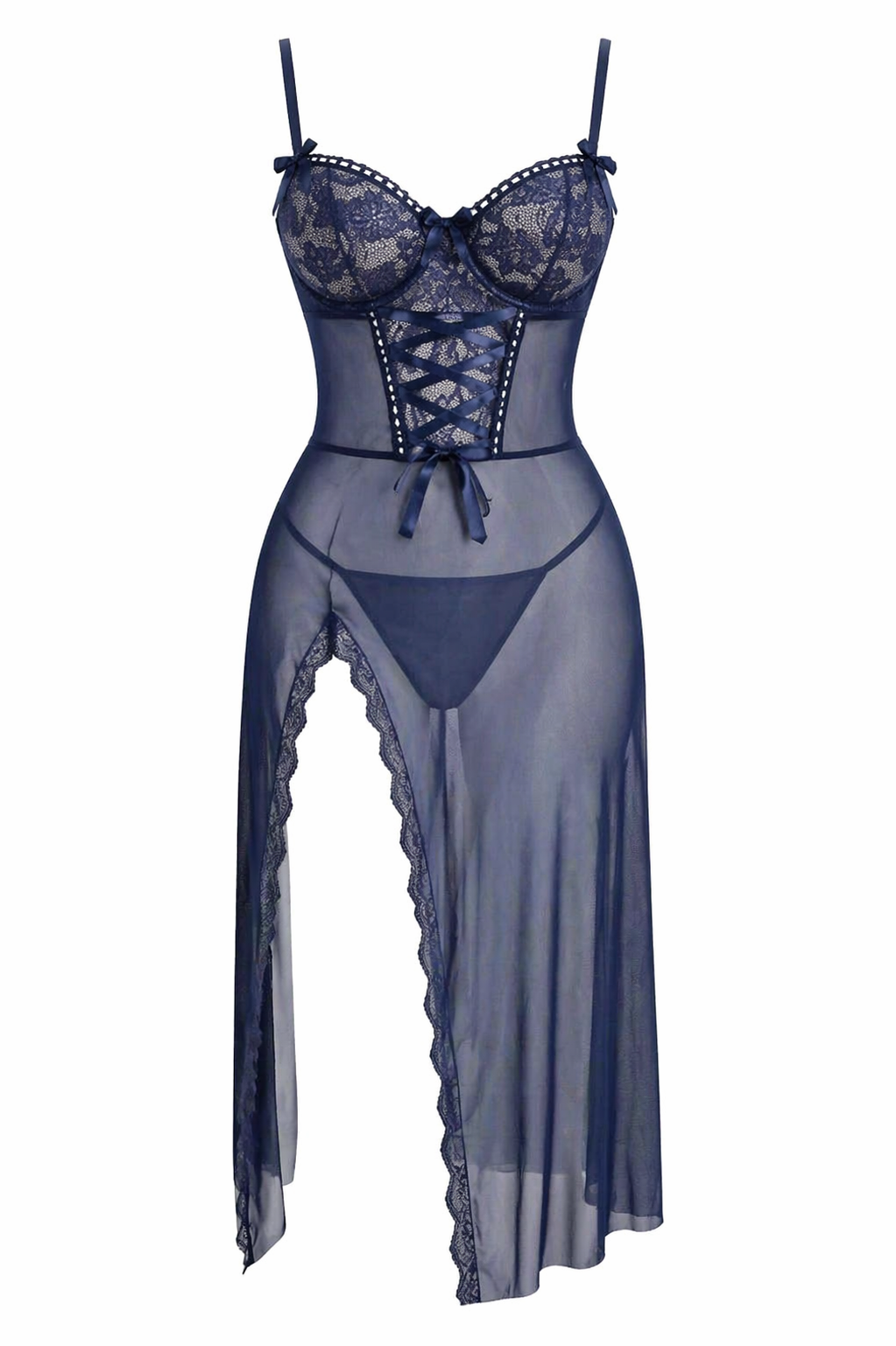 Nuisette bleue en dentelle et satin