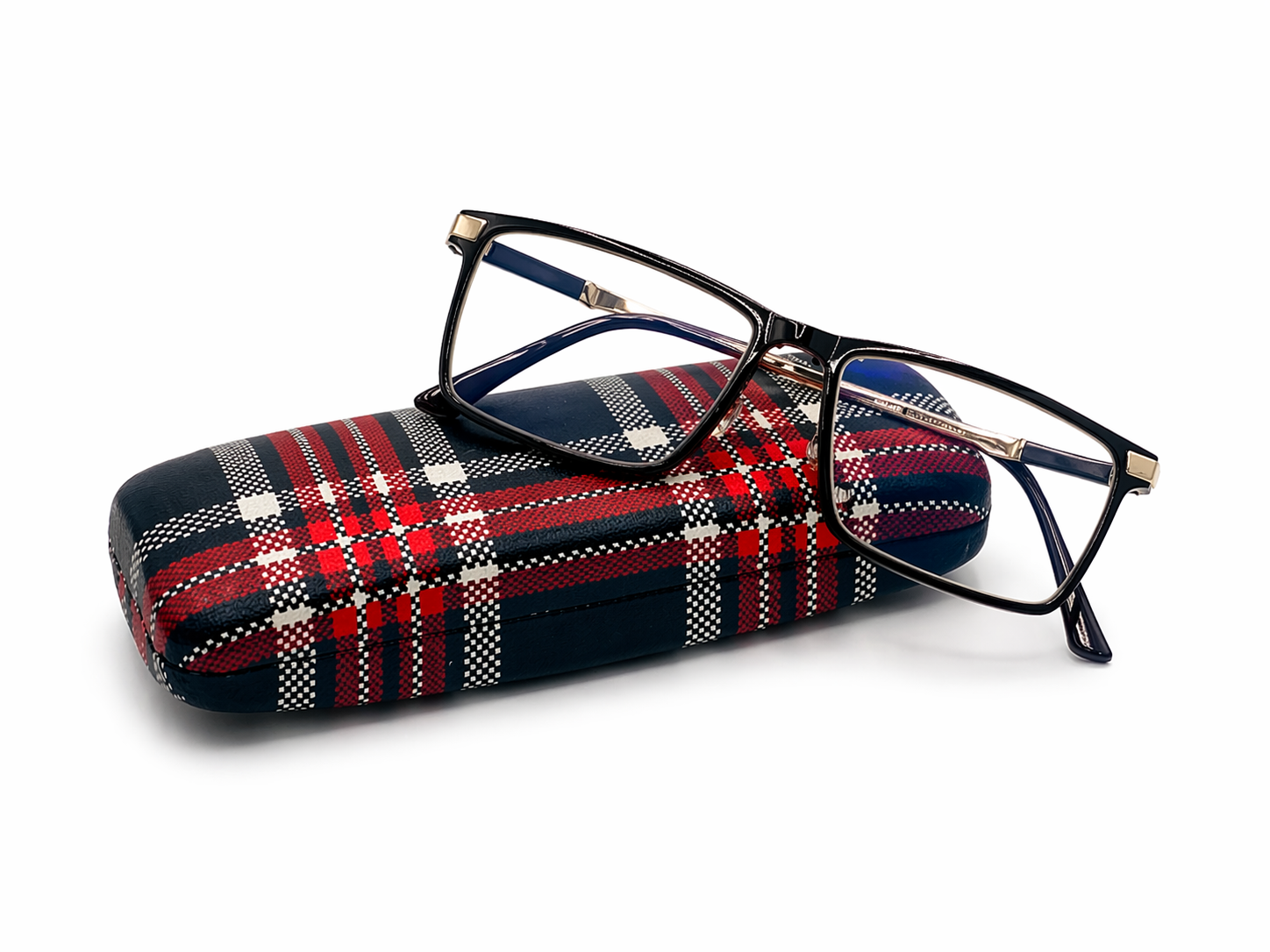 Lunettes photogray modernes sur étui à carreaux