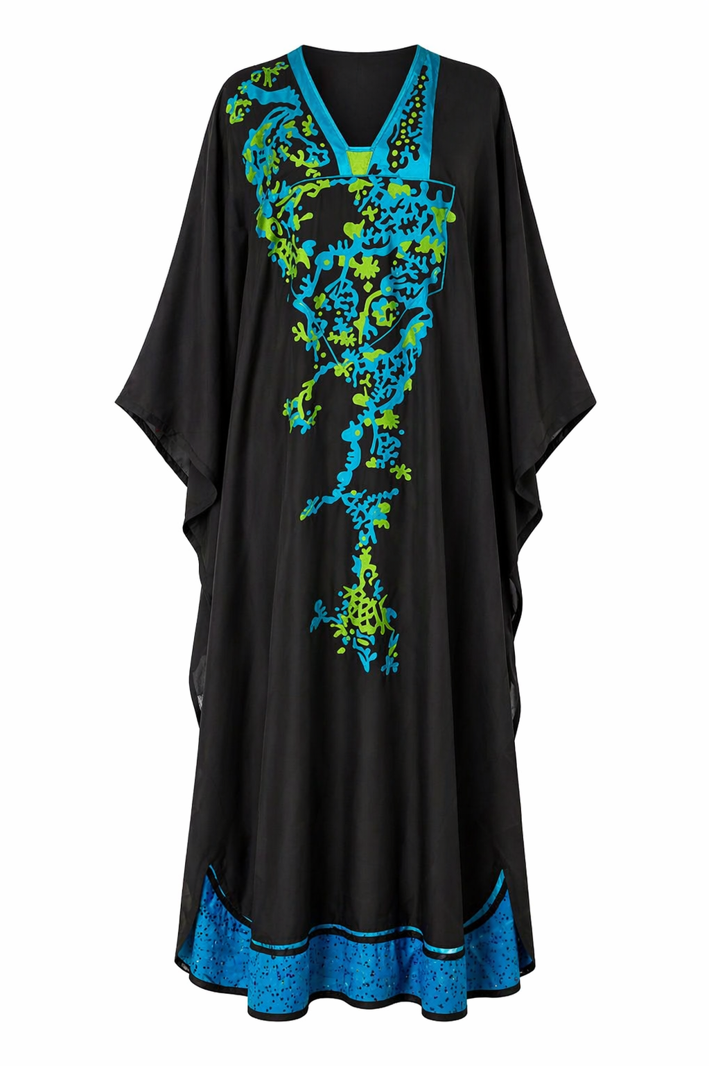 Robe noire avec broderie turquoise et verte