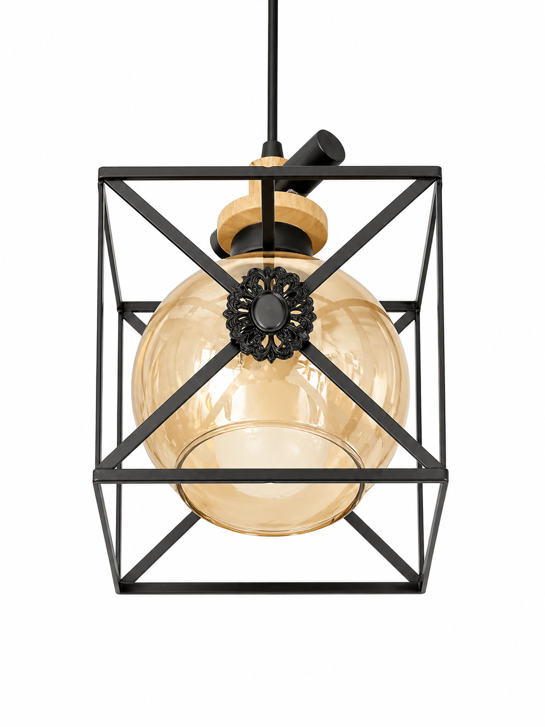 Lampe suspendue géométrique avec globe ambre