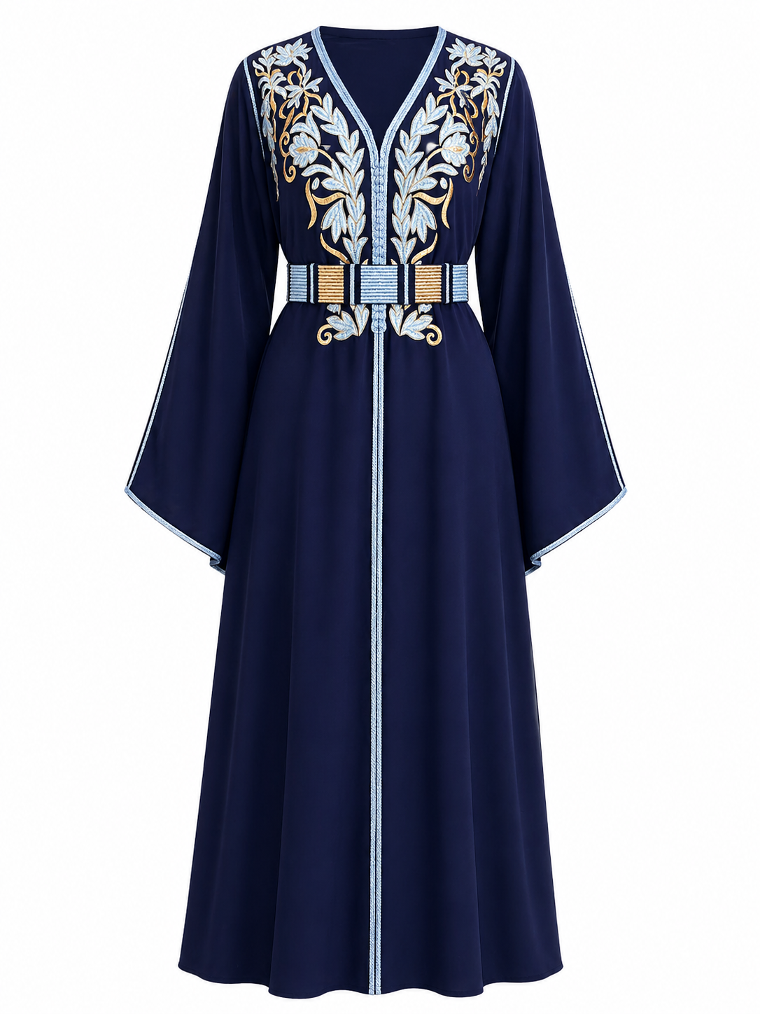 Robe longuement brodée bleu marine