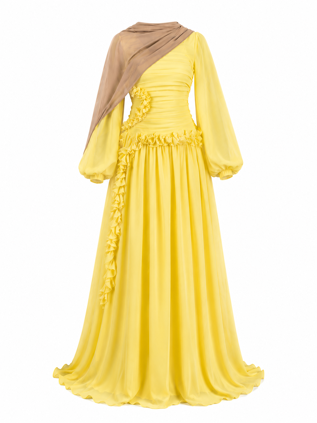 Robe jaune élégante avec drapé taupe