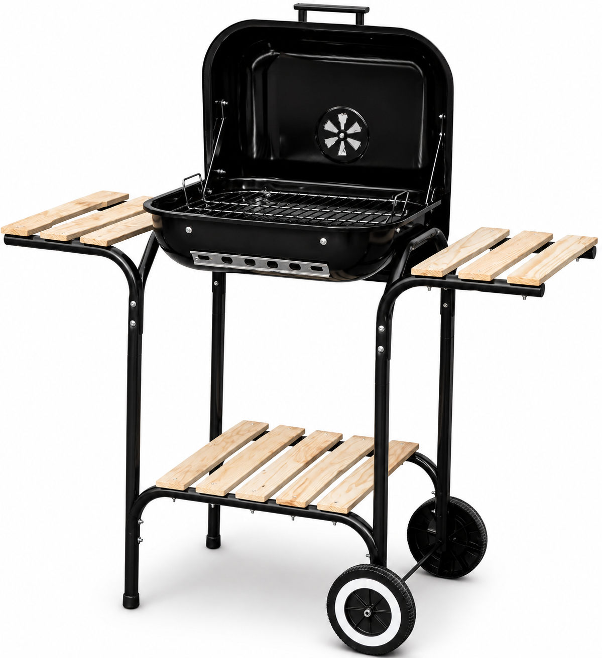 Gril à charbon noir sur chariot