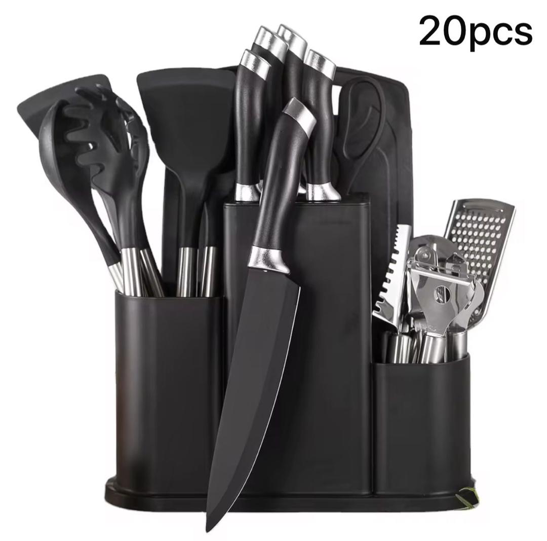 Set de Cuisine 20 Pièces – Couteaux & Ustensiles Premium avec Support Noir Moderne