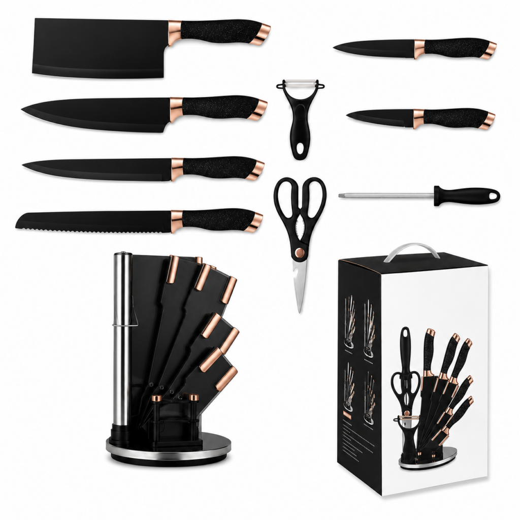 Couteaux de Cuisine Premium avec Support Rotatif – Set Complet Professionnel