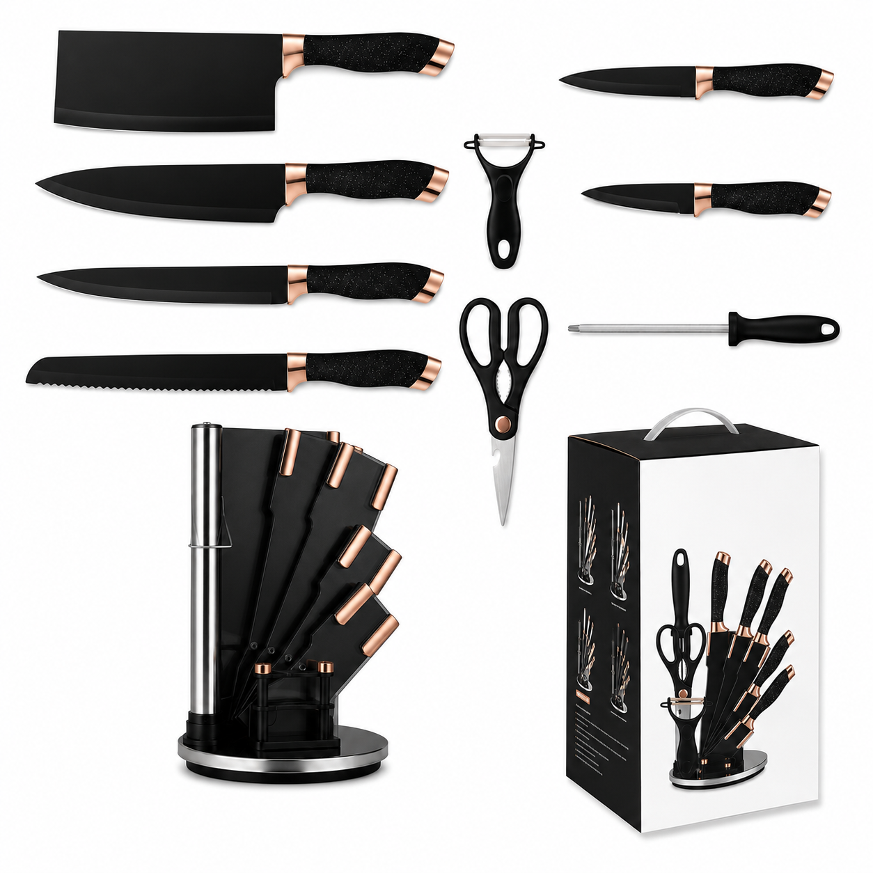 Couteaux de Cuisine Premium avec Support Rotatif – Set Complet Professionnel
