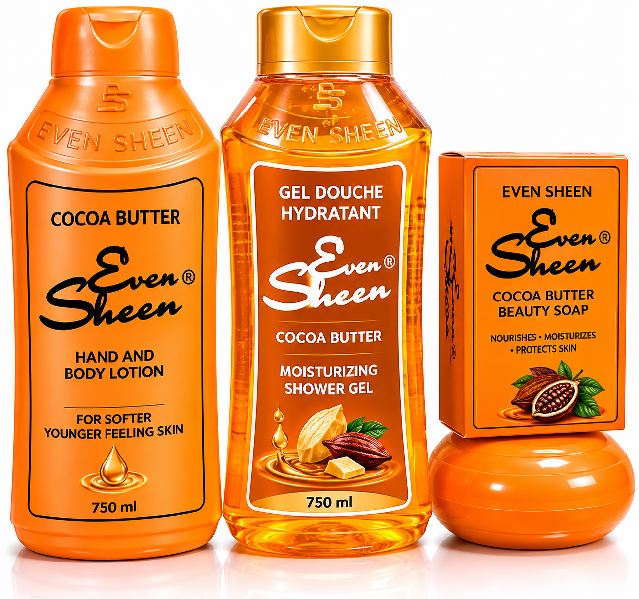 Pack Even Sheen Cocoa Butter – Lotion, Gel Douche, Savon & Crème Hydratante