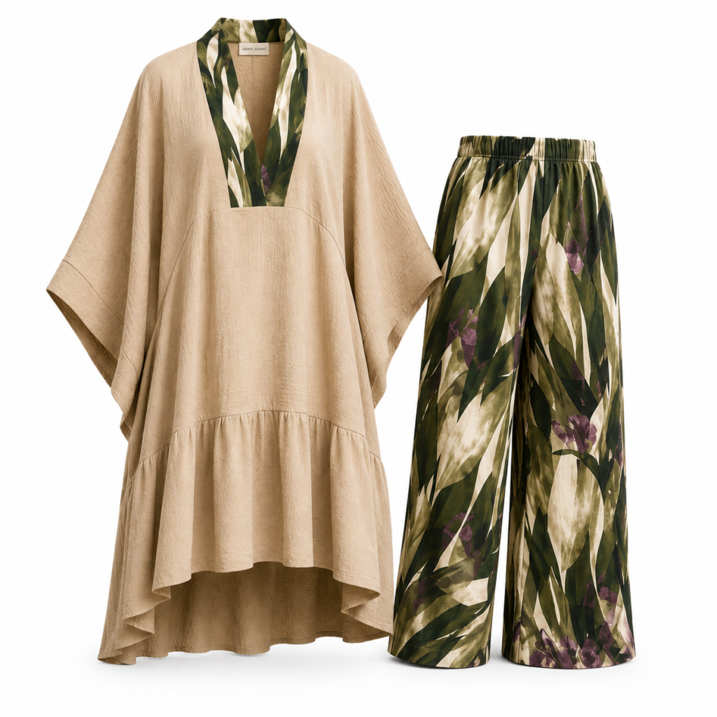 Ensemble beige et imprimé feuillage