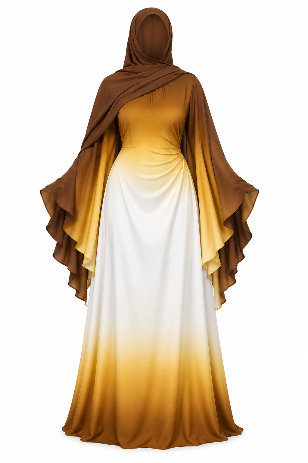 Abaya ombrée dorée et hijab brun enveloppant