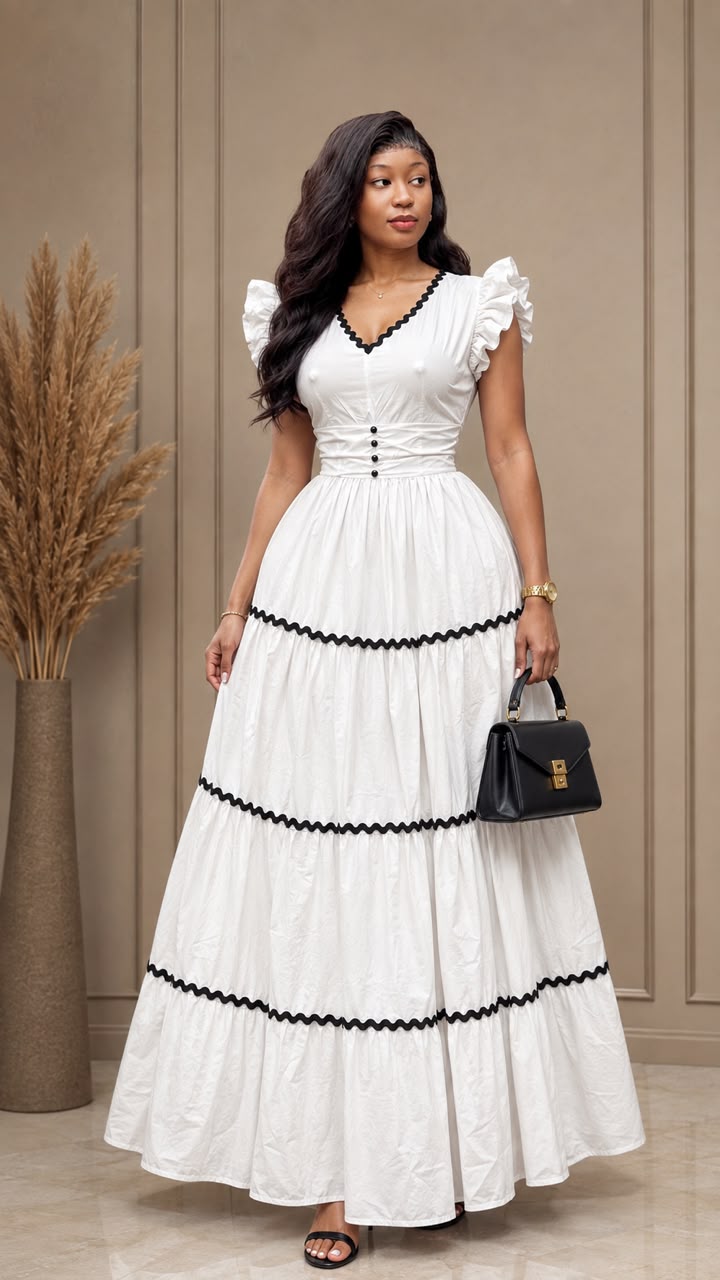 Robe blanche à volants et bordures noires