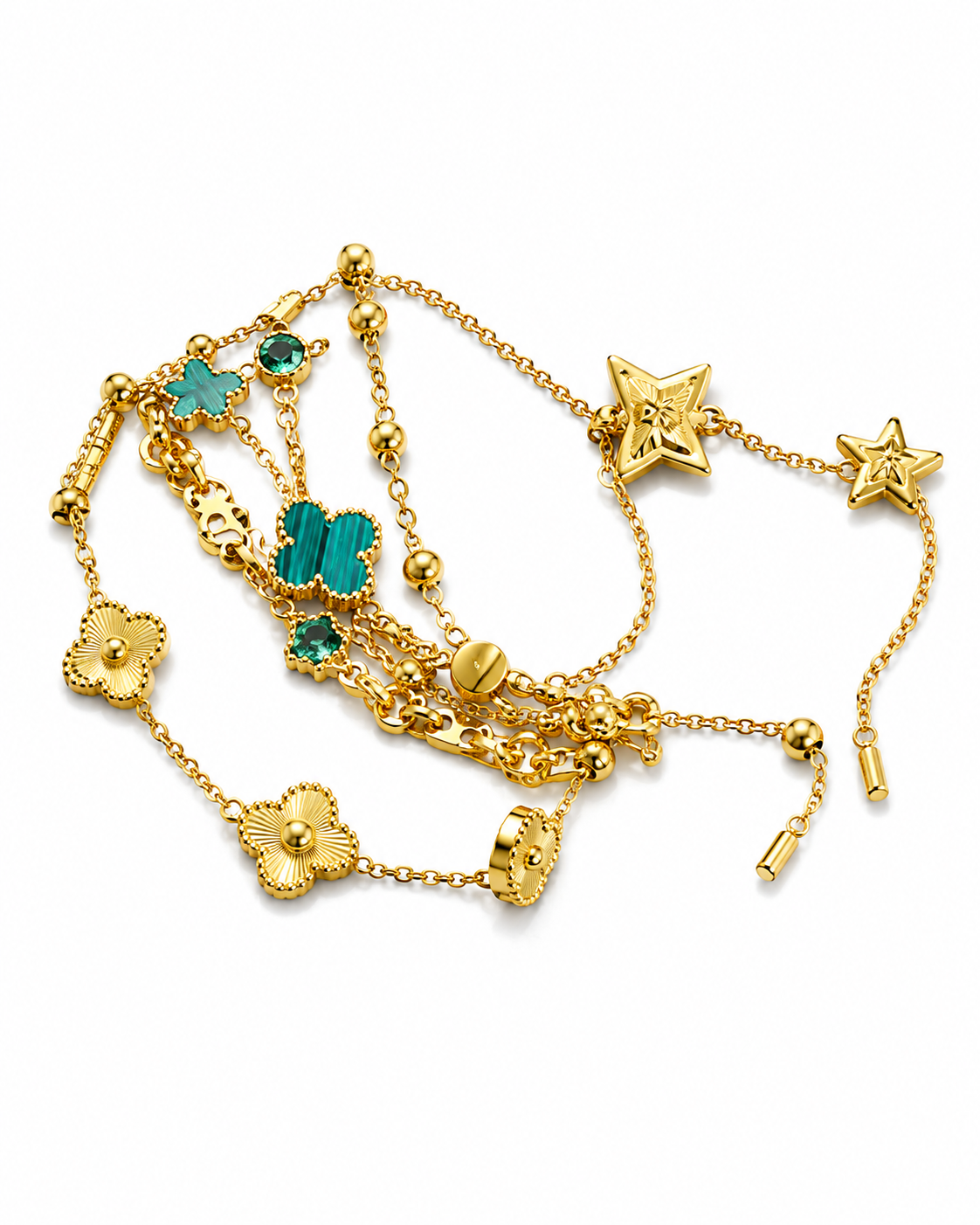 Bracelet doré aux charms verts et étoiles