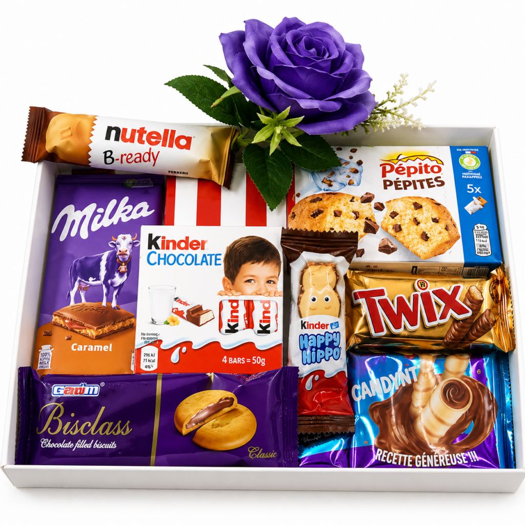Coffret gourmand avec rose violette