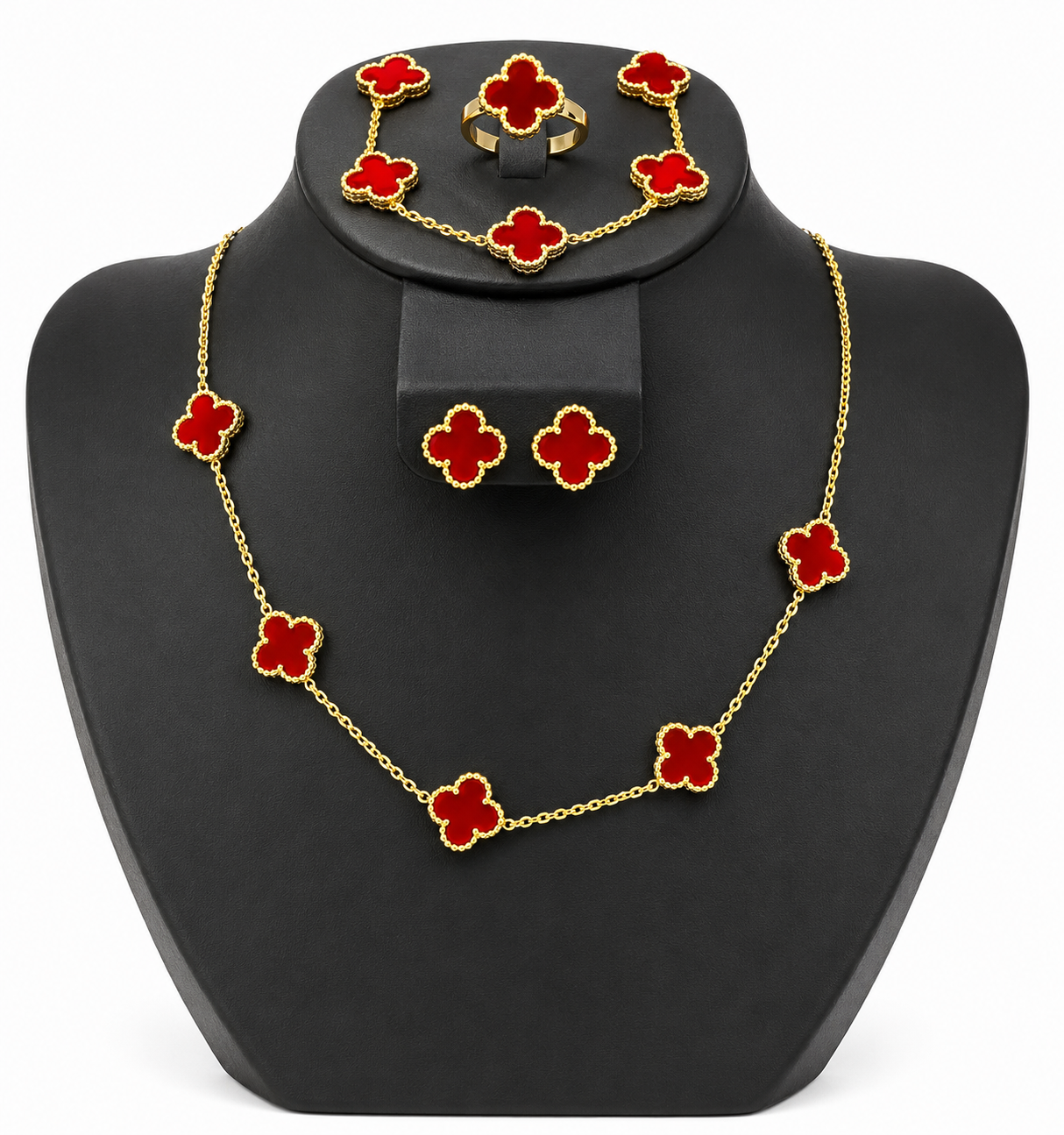 Parure de bijoux trèfle rouge et or