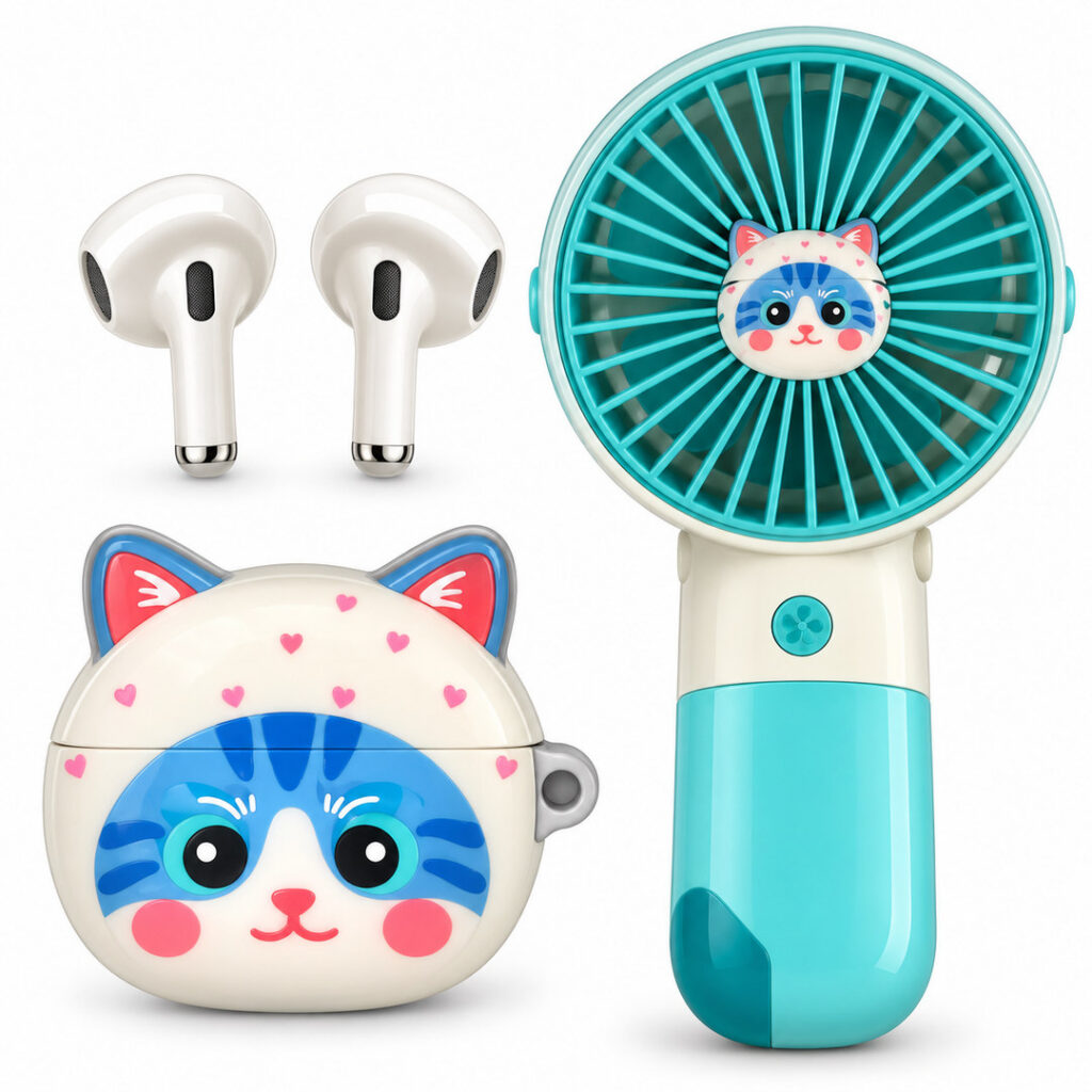 Mini Ventilateur Portable et Écouteurs Sans Fil Motif Chat