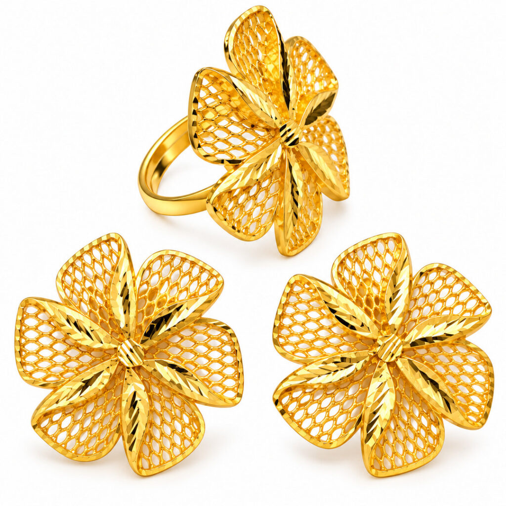 Parure de Bijoux Fleur Dorée : Bague et Boucles d'Oreilles