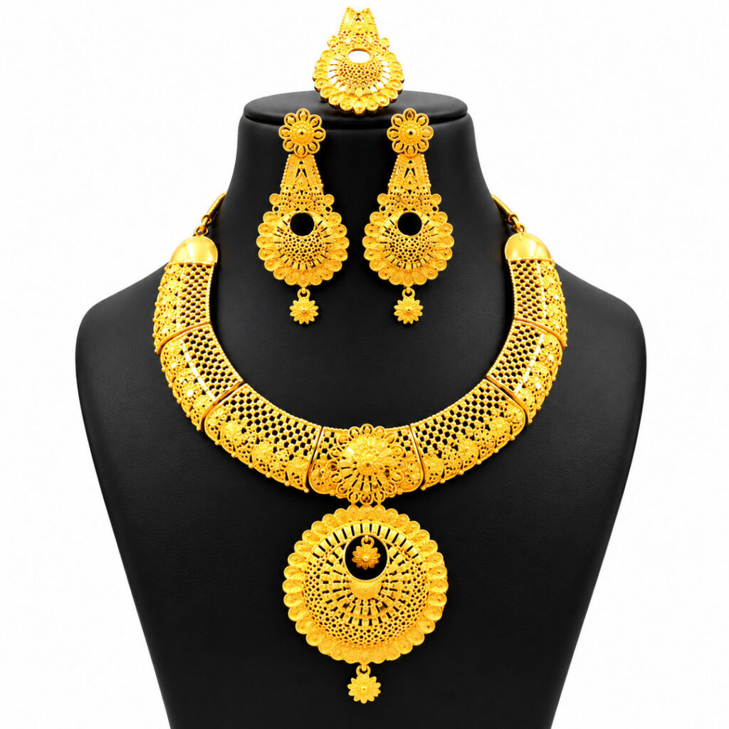 Parure de Bijoux Femme Dorée avec Collier, Boucles d'Oreilles et Bague