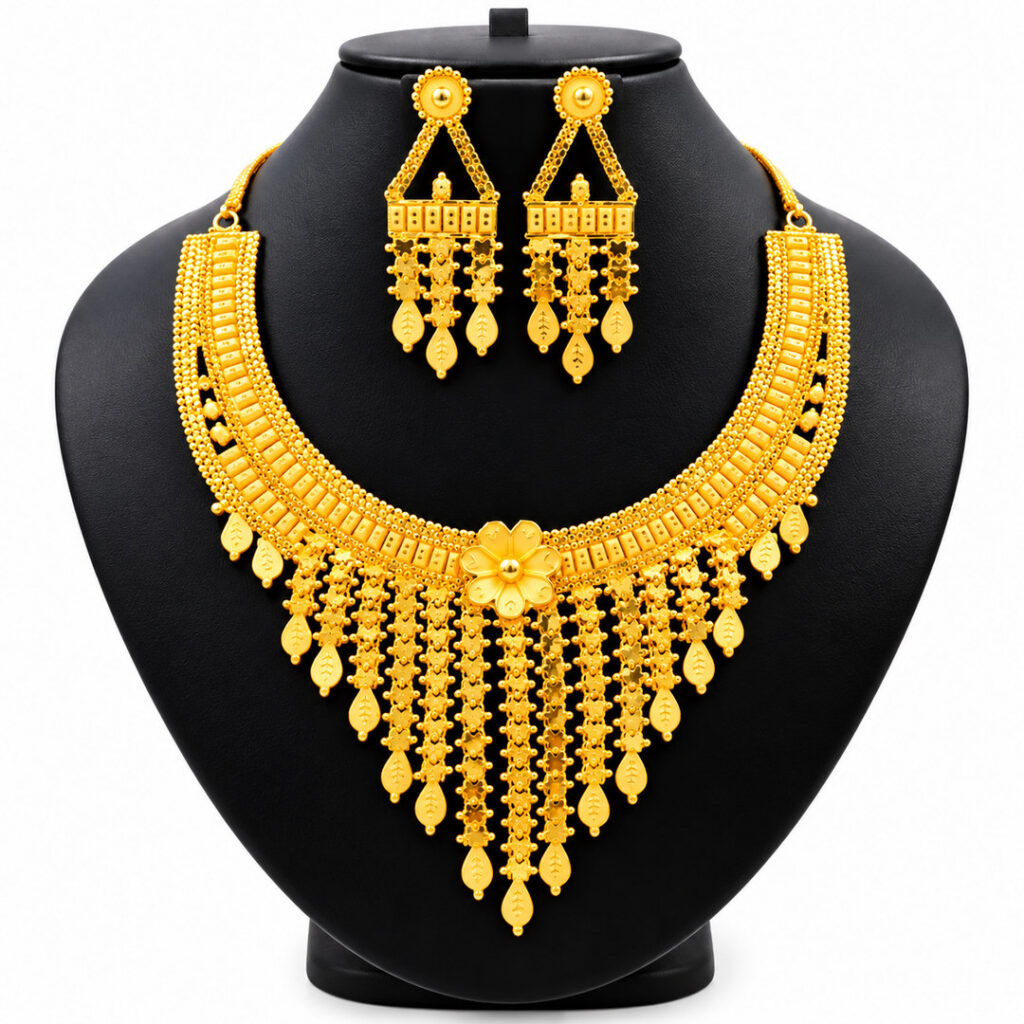 Parure de Bijoux Femme Dorée avec Collier et Boucles d'Oreilles Pendantes