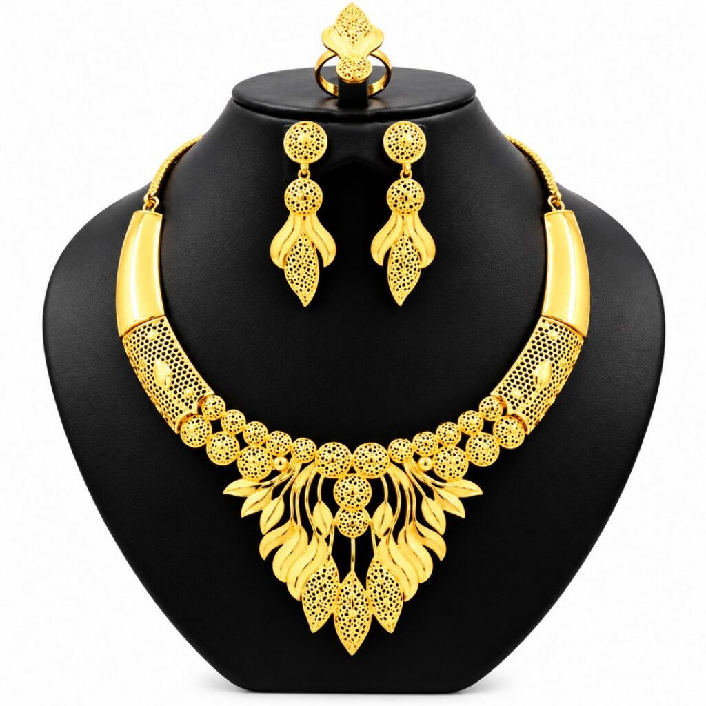 Parure de Bijoux Femme Dorée avec Collier Floral, Boucles d'Oreilles et Bague