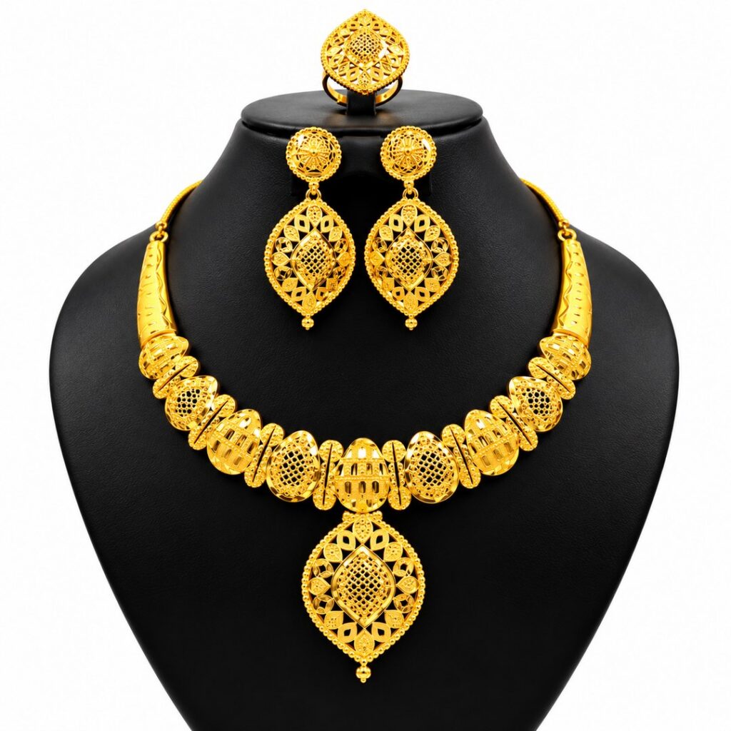 Parure de Bijoux Femme Dorée de Luxe – Collier à Pendentif Goutte, Boucles d'Oreilles et Bague Assorties